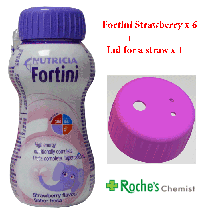 Fortini Strawberry 200ml  x 6 + Lid to hold a straw  x 1 - Nutritionally complete sip feed for children