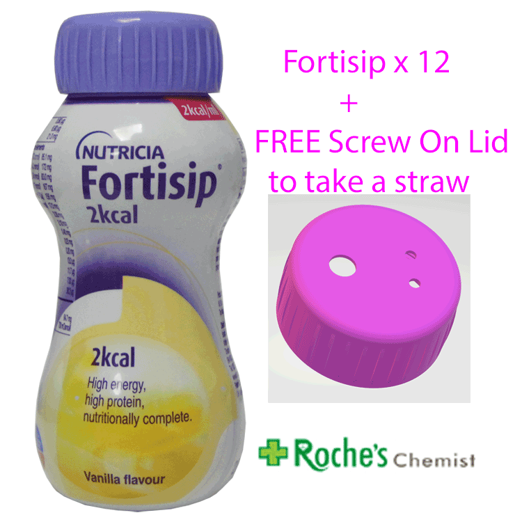 Fortisip 2Kcal Vanilla 200ml x 12 + FREE Screw On Lid to take a Straw x 1