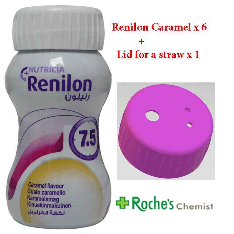 Renilon 7.5 Caramel Flavour 125ml  x 6 + Lid for a straw x 1 - For Kidney Failure