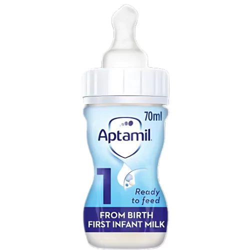 Lait infantile Aptamil 1 prêt à l'emploi 70 ml x 24 + tétines stériles NUK à débit moyen à col blanc x 24